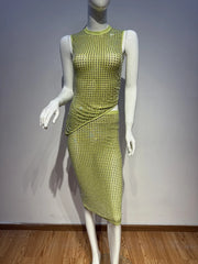 Green O Neck Sleeveless Crystal Top And Mesh Midi Skirt Set