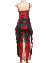 Rose Print Ruffles Hem Maxi Dress