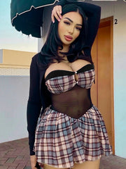 Plaid Mesh Patchwork Strapless Mini Dress