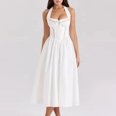 Green Embroidered Halter Midi Dress