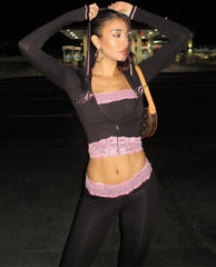 Black Lace Patchwork Zipper Sweatshirt And Track Pants Set