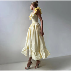 Ruffles Striped Square Collar Buttoned Long Dress