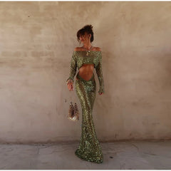 Green Sequin Long Sleeve Top And Maxi Skirt Set