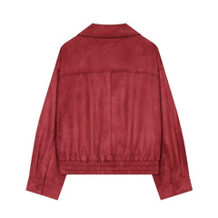 Red Faux Suede Double Breasted Moto Jacket