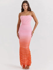 Pink Gradient Strapless Ruched Maxi Dress