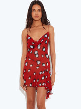 Red Printed Sheer Cowl Neck Mini Dress