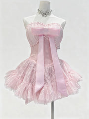 Bowknot Strapless Lace Tulle Mini Dress