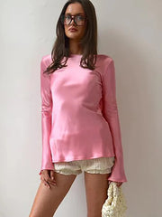 Satin Backless Long Sleeve Top