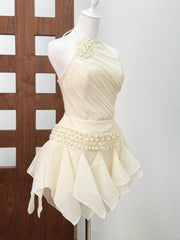 Halter Neck Lace-up Flower Pleated Mini Dress
