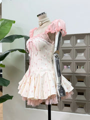 Square Collar Mesh Puff Short Sleeve Bow A-line Mini Dress