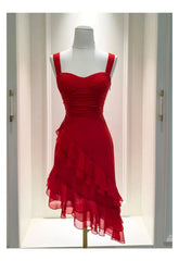 Red Ruffled Sweetheart Neck Strappy Irregular Hem Midi Dress