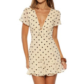 Short Sleeve Polka Dot Bow-Tied V-Neck Mini Dress