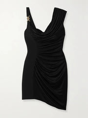 Black Ruched Gold Button Strap Mini Dress