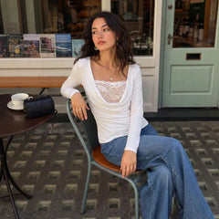 Long Sleeve Cowl Neck Lace Bandeau Top