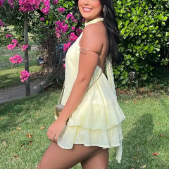 Halter Neck Open Back Ruffle Waist Mini Dress