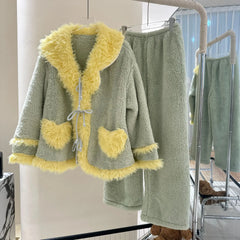 Yellow Fur Trim Fleece Three-Piece Sleepwear Set