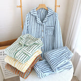 Fuzzy Stripe Button Down Long Sleeve Shirt And Pants Pj Set