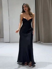 Satin Solid V-neck Strap Maxi Dress