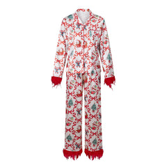 Christmas Feather Trim Satin Long Sleeve Button Down Top And Pants Pajama Set