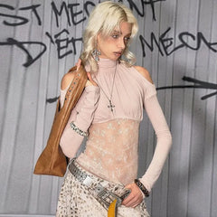 Long Sleeve Lace Patchwork High Neck Top