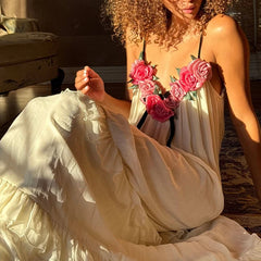 3D Floral Spaghett Strap Tiered Ruffle Maxi Dress