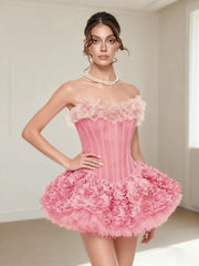 3d Flower Flare Fringe Neck Corset Mini Dress