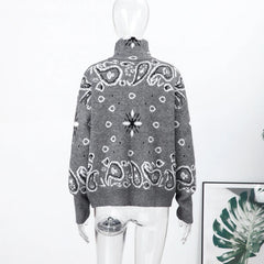 Paisley Knitted Zipper Stand Collar Cardigan Sweatshirt