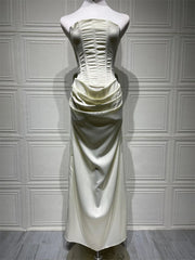 Satin Strapless Lace Up Corset Maxi Dress