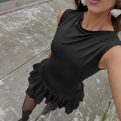 Solid O-Neck Layered Ruffled Hem Short Dress