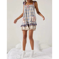 Plaid/Floral Print Sleeveless Lace Ruffle Babydoll Mini Dress