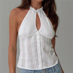 White Halter Neck Button Up Tank Top