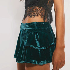 Velvet Tiered Ruffle Layered A-line Mini Skirt