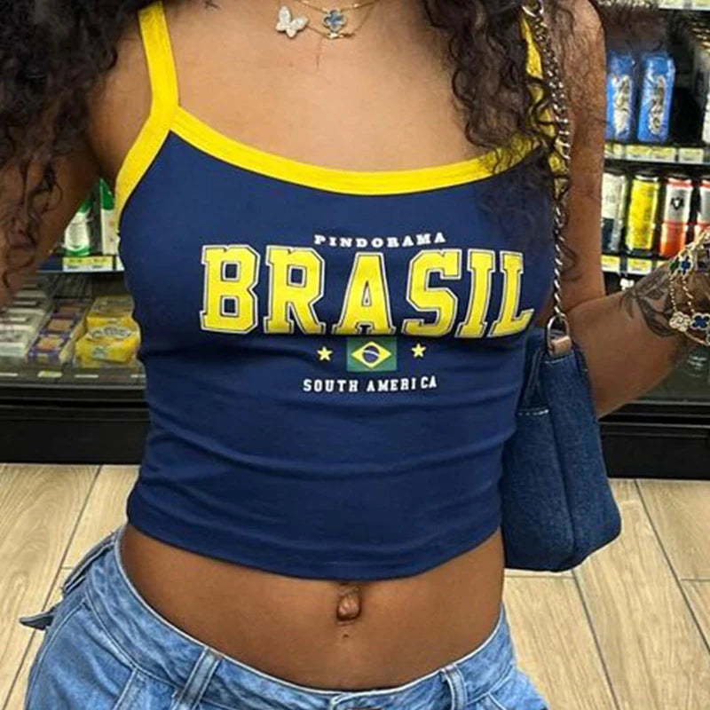 Women's blue Brasil print flag cami crop top.