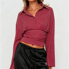 Striped Turn Down Collar Long Sleeve Top