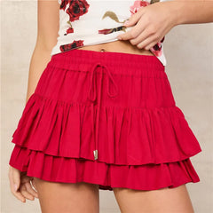 Red tiered skirt worn by a person