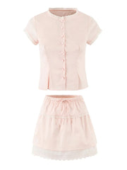 Pink Lapel Short Sleeve Top And Mid Waist Bow Skirt Set