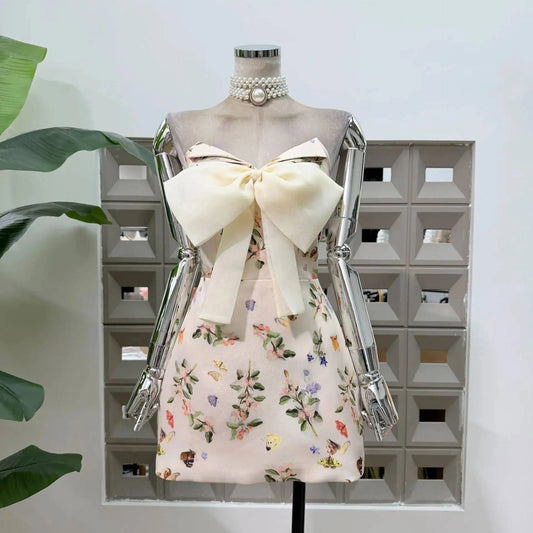 Print Bow Butterfly Sleeveless Mini Dress