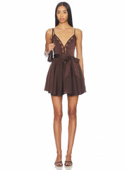 Brown Satin Spaghetti Strap Lace Patchwork Mini Dress