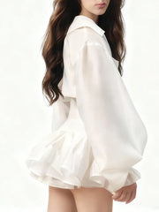 White Long Sleeve Mesh Ruffles Double Breasted Mini Dress