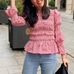 Pink Plaid Long Lantern Sleeve Smocked Top