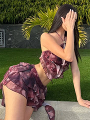 Purple Tie-Dye Tierred Halter Crop Tops And Tassel Mini Skirt Set