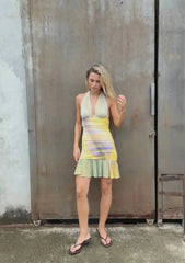 Printed Deep Halter Ruched Pleated Hem Mini Dress