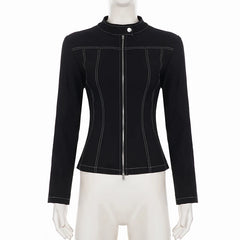 Contrast Stitch Stand Collar Zip Up Motorcycle Jacket