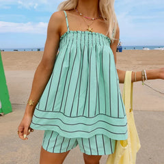 Striped Sleeveless Peplum Cami Top And Boxer Shorts Set