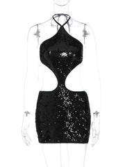 Black Sequin Cut Out Halter Mini Dress