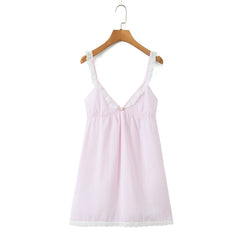 Pink Striped V neck Lace Strap Bow Mini Dress