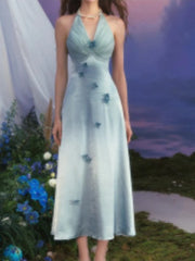 Blue 3D Flower Applique Mesh Halter Midi Dress
