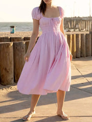 Striped Short Sleeve Ruched Bow Midi Dress