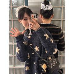 Star Knitted Loose O-neck Cardigan