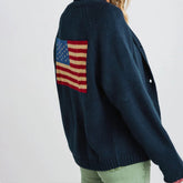 Women's American flag print cardigan with a loose fit and v-neck.